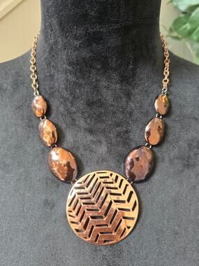 Antique Copper Tone Hammered Geometric Medallion Pendant Necklace